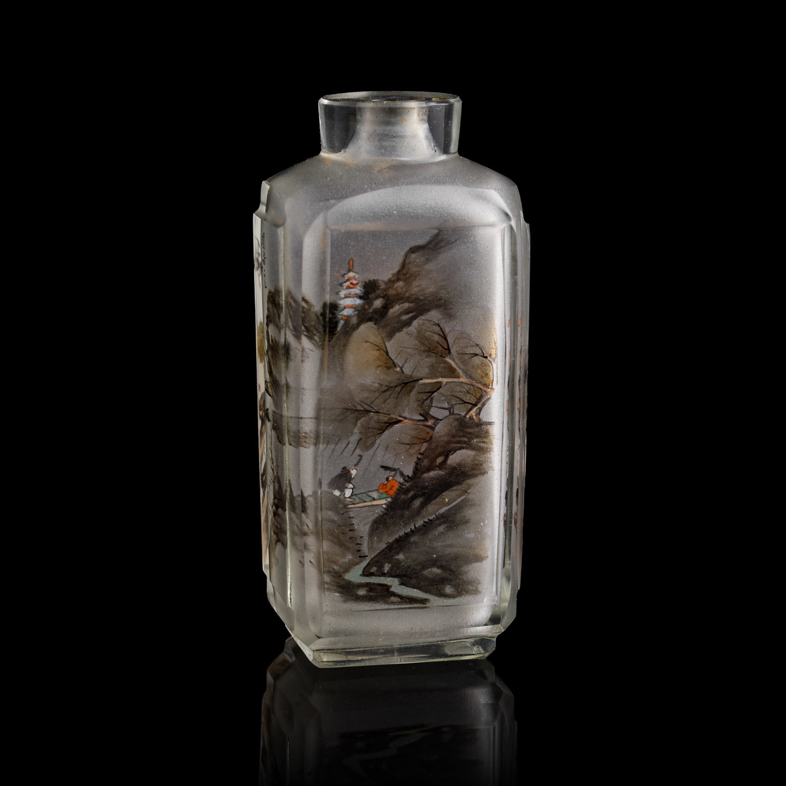 A Chinese inside-painted 'landscape' and 'figural' snuff bottle, signed Zhou Leyuan (1 of 8)