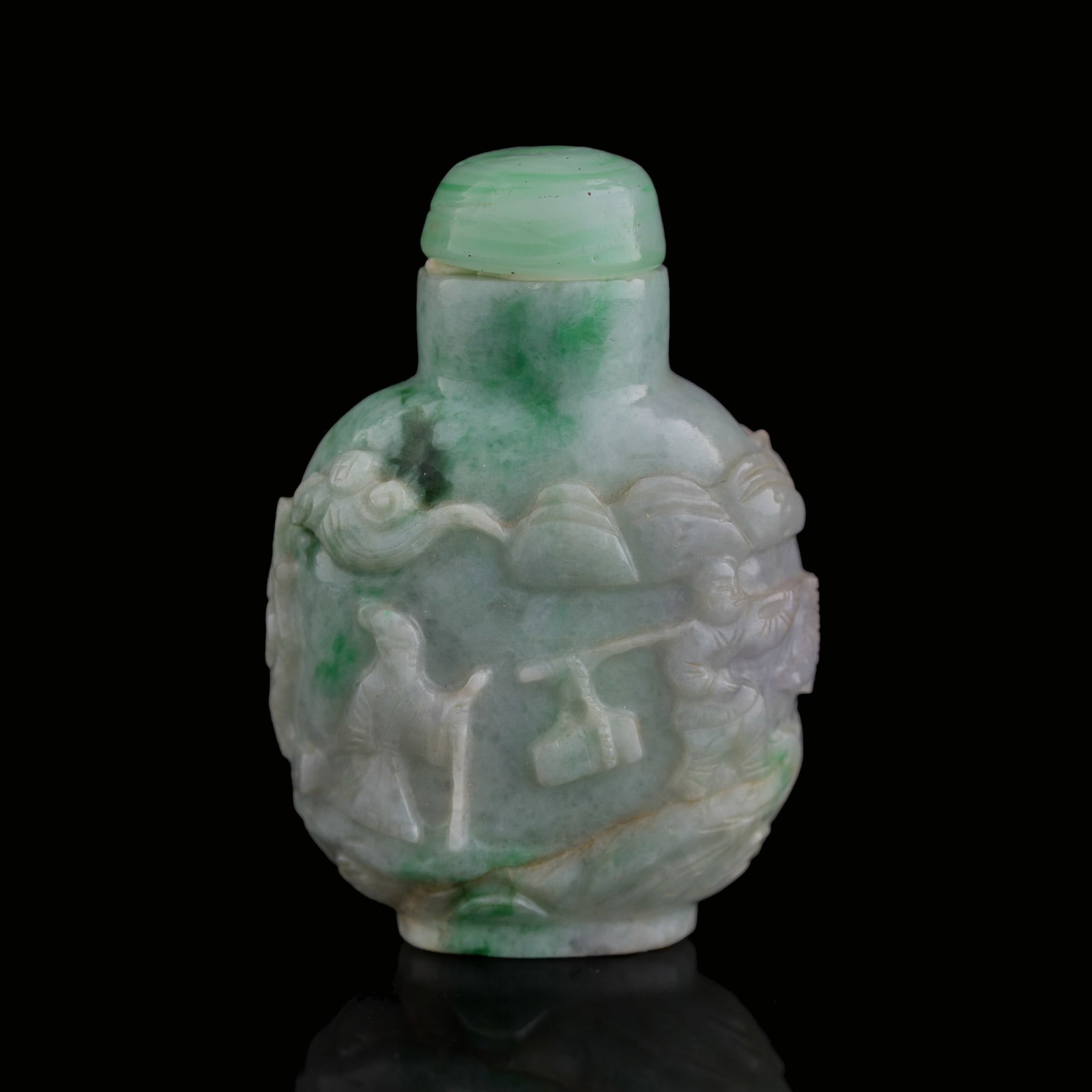 A Chinese jadeite 'scholar beneath pine tree' snuff bottle, 19th century: A Chinese jadeite 'scholar beneath pine tree' snuff bottle 19th century H: 2 3/8, W: 1 5/8, D: 1 in. (H: 6, W: 4.1, D: 2.5 cm.) Private collection, Las Vegas, Nevada.