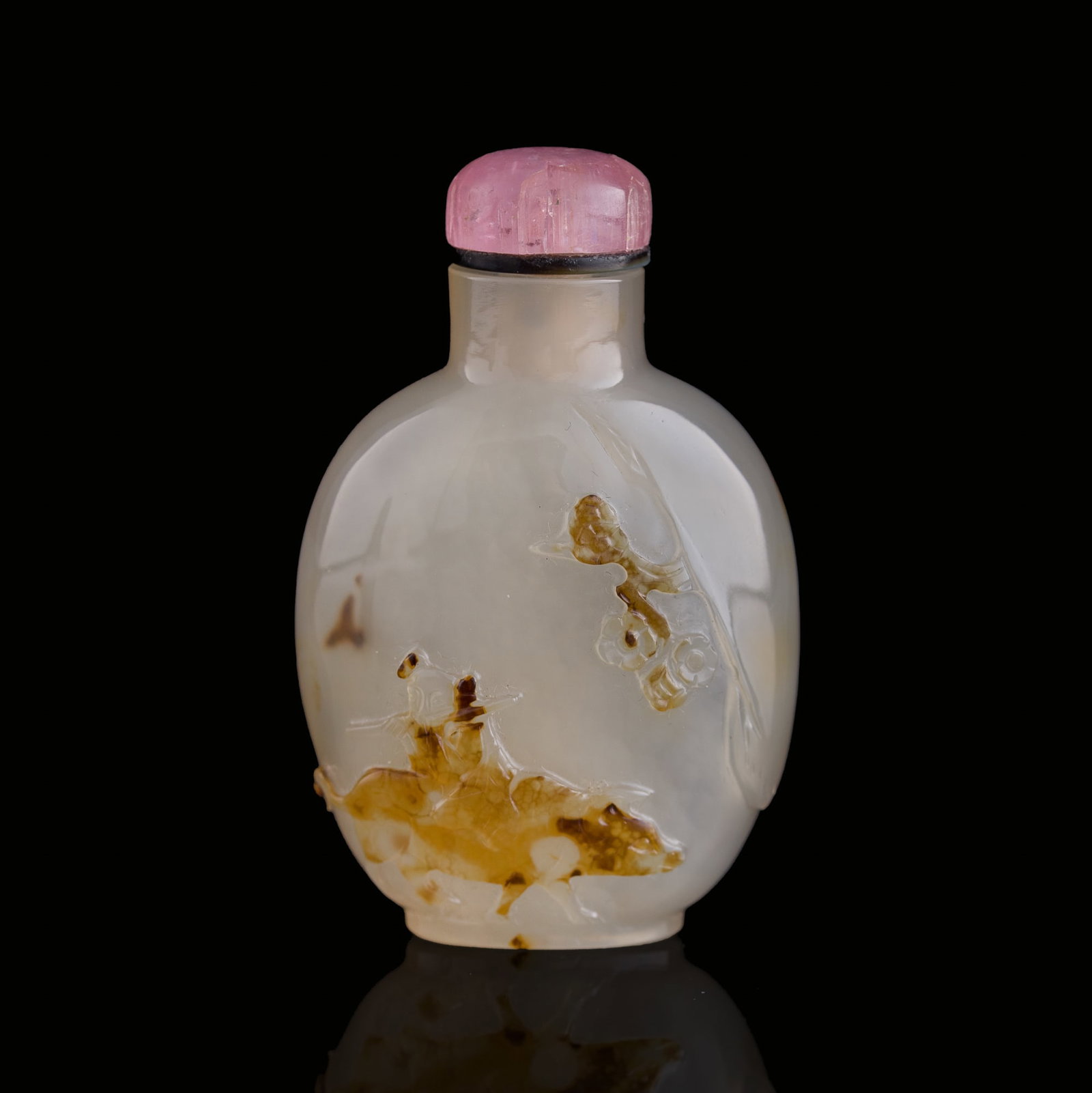 A Chinese carved agate 'ox-herding' snuff bottle, late 18th century: A Chinese carved agate 'ox-herding' snuff bottle late 18th century H: 2 1/2, W: 1 1/2, D: 1 in. (H: 6.4, W: 3.8, D: 2.5 cm.) Private collection, California. Click