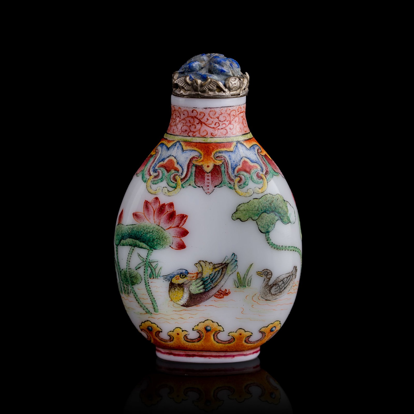 A Chinese enameled glass 'lotus pond and Mandarin duck' snuff bottle, Qianlong period, Qing dynasty: A Chinese enameled glass 'lotus pond and Mandarin duck' snuff bottle Qianlong period, Qing dynasty The bottle is enameled with a pair of mandarin ducks swimming among lotus blossoms and foliage, furth
