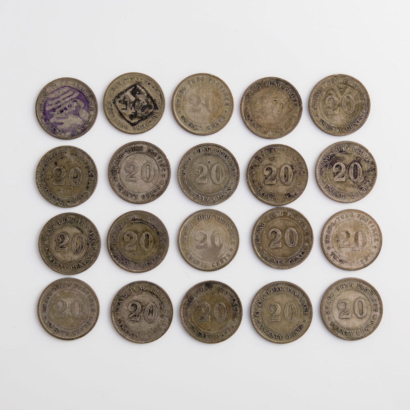Twenty Kwangtung 20-cent coins, 1920: Twenty Kwangtung 20-cent coins 1920 Diameter range: 23.4-23.8 mm; depth range: 1.2-1.4 mm Weight varies. Overall: 104.68 g Lots 1-15 are from the estate of a woman in Silver Spring, Maryland. Her fath