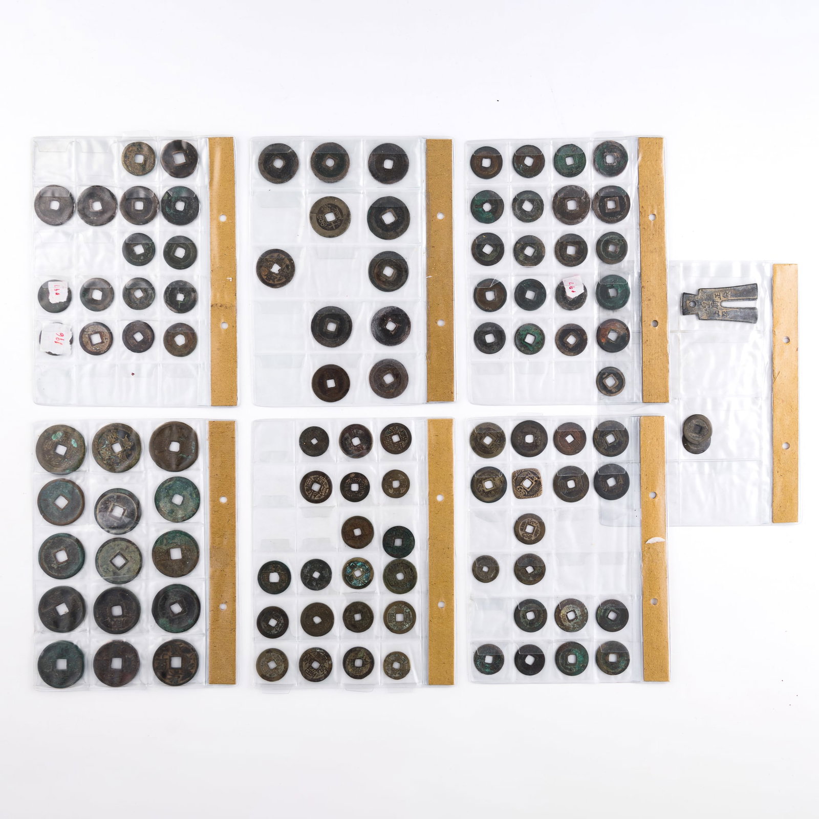 A group of 104 ancient Chinese coins, Various dynasties and reign periods: A group of 104 ancient Chinese coins Various dynasties and reign periods Dimension varies; largest: H: 2 1/4, W: 1 1/4, D: 1/16 in. (H: 5.7, W: 3.2, D: 0.2 cm.) Weight varies; heaviest: 18.5 g From