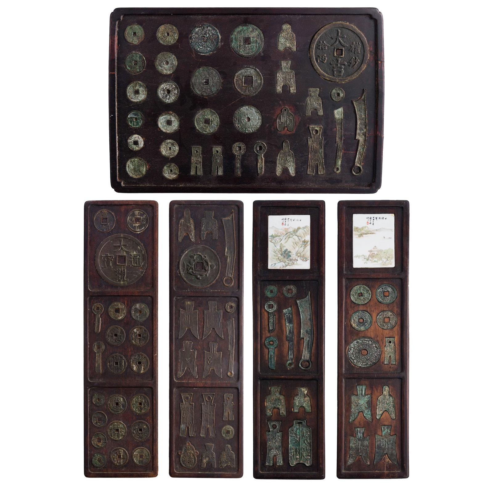 A set of five wood wall panels inset with ancient coins, charms, and porcelain plaques: A set of five wood wall panels inset with ancient coins, charms, and porcelain plaques Panel: H: 14 1/8, W: 21 in. (H: 35.9, W: 53.3 cm. (largest)) Coin: Dia: 4 1/2 in. (11.4 cm.) Private collector, S