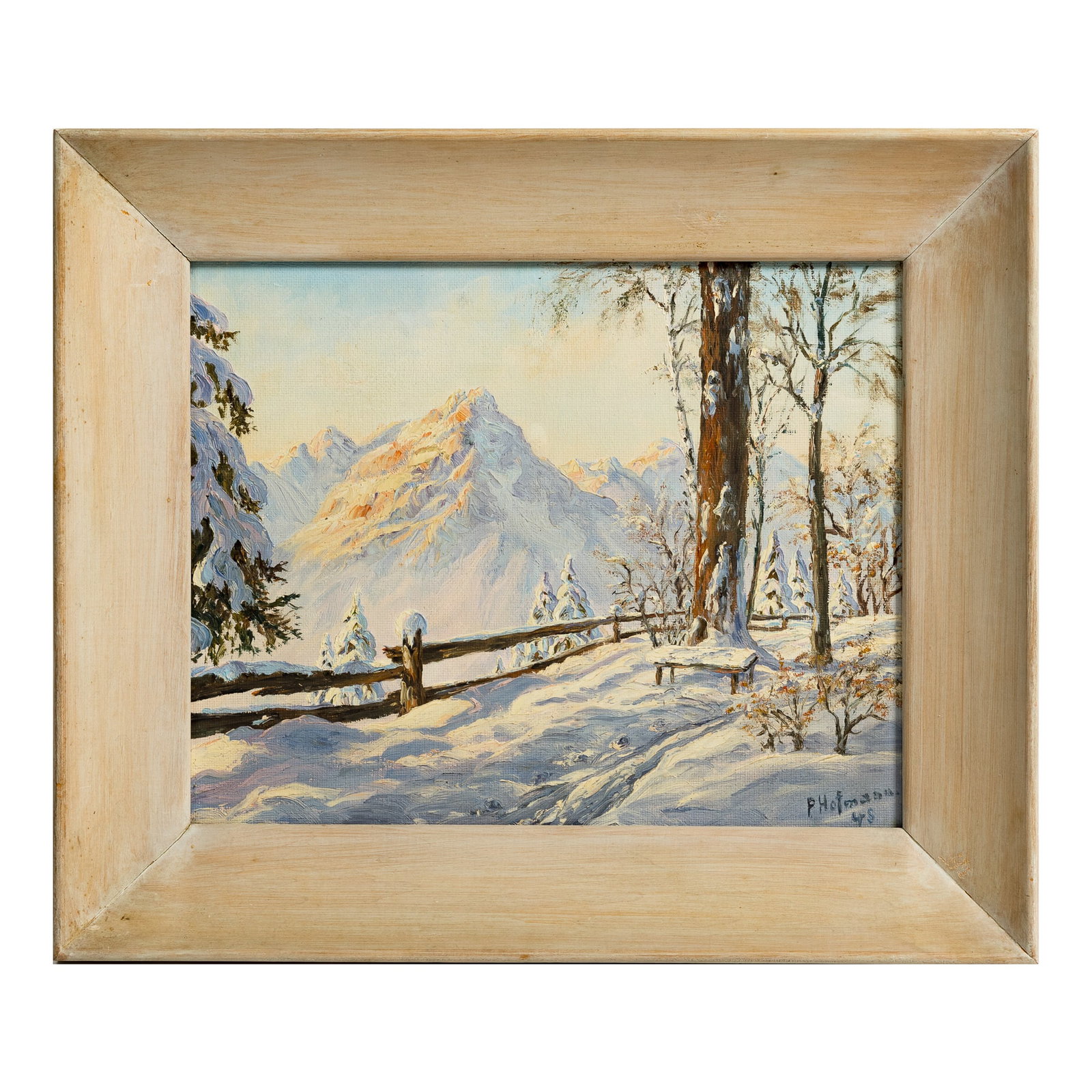 A snowy scene oil painting, Signed 'P Hofmann 48': A snowy scene oil painting Signed 'P Hofmann 48' Please contact the Cataloging Department for additional natural light photographs of this lot: Daniel Evensen: daniel@oakridgeauctiongallery.com