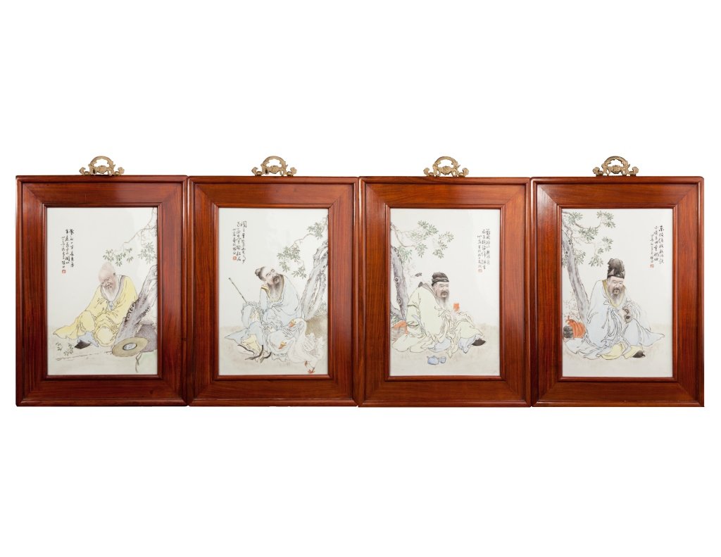 Four famille rose plaques Republic period: A set of four famille rose porcelain plaques Republic period depicting four well-known ancient Chinese artists with their favorite objects: Wang Xizhi with geese Tao Yuanming with a chrysanthemum Su D