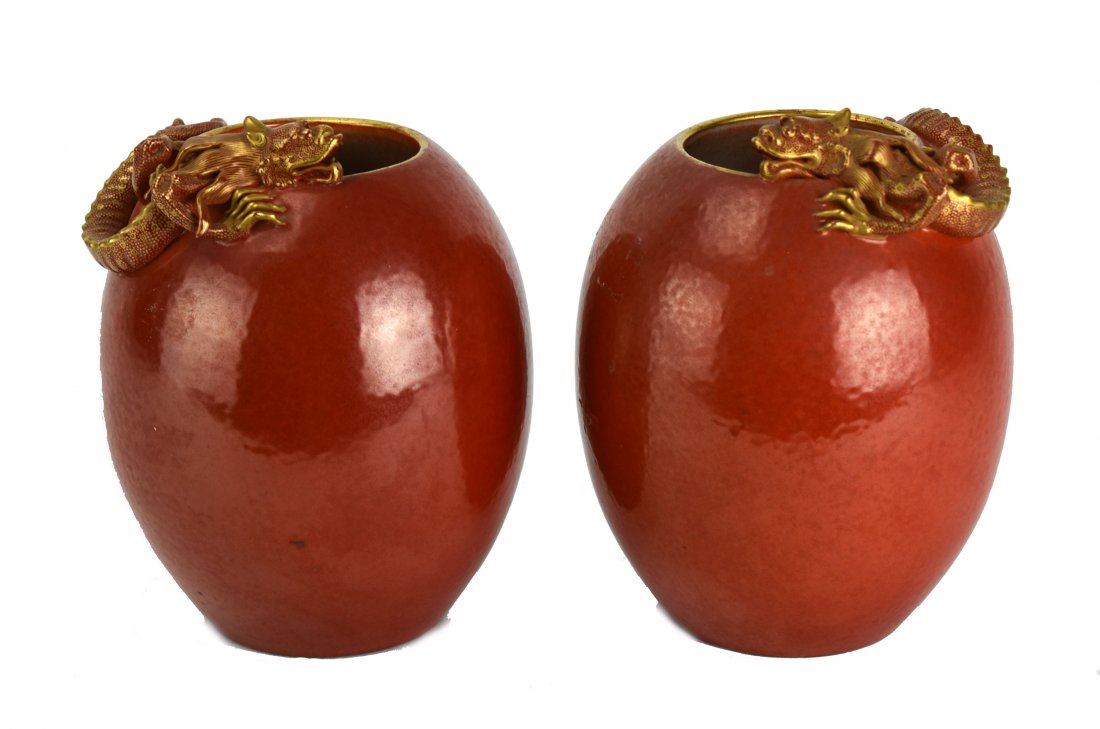 Pair of Brush Washers with Coral Glazed Ground: A Pair of Chinese Brush Washers with Coral Glazed Ground, Republic Period (1912-1949) This pair of coral ground brush washers are each adorned with a beautifully carved gold colored chilong. Each chil