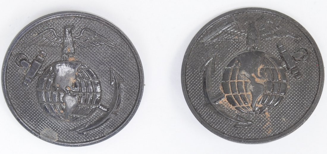 Pair USMC WWI Enlisted Mans Collar Discs: Pair USMC WWI Marine Corps Enlisted Mans Collar Discs. They measure 1" in diameter. Both show the eagle globe and anchor (EGA) on the front. They have a thin horizontal pin back. Condition: Excellent 
