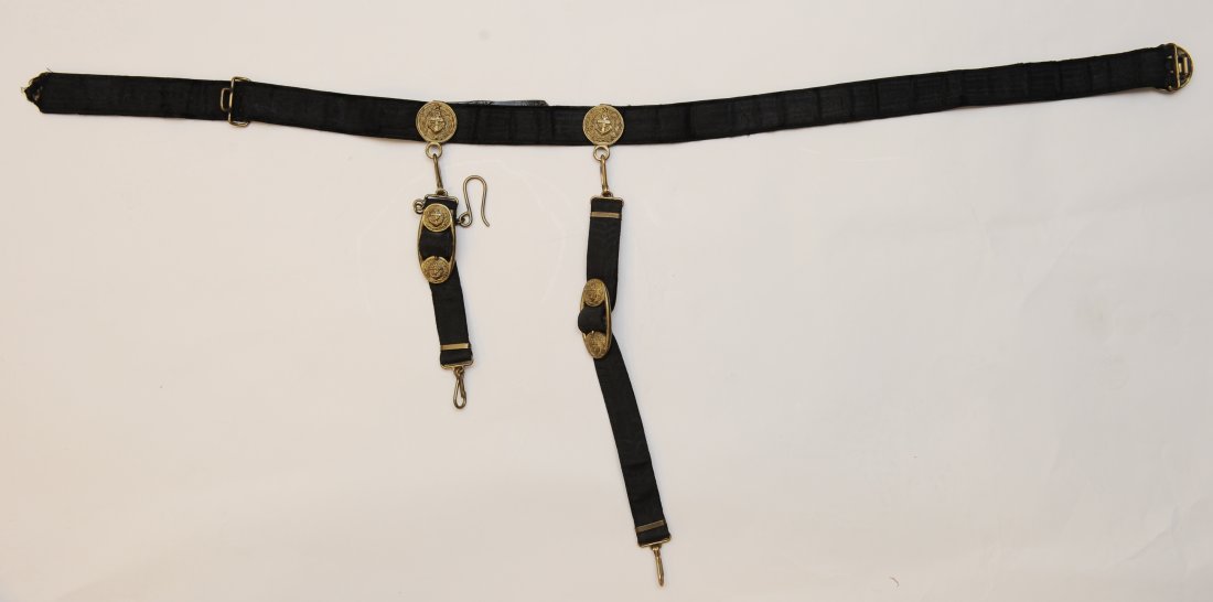Soviet Russian WWII Naval Officers Belt & Buckle: Soviet Russian WWII Naval Officers Belt & Buckle With A Pair Of Dagger Hangers. All of the metal buckle fittings are brass construction. The belt and hangers are black cotton and black velvet with a l