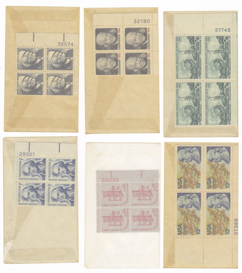 Box of U.S. Mint Postage Stamps: Box of U.S. Mint Postage Stamps, Plus Additional Stamps from Other Countries. This box contains mint condition stamps (mostly in block sets of 4). Includes: 2 cent Frank Lloyd Wright, the 4 cent Silve