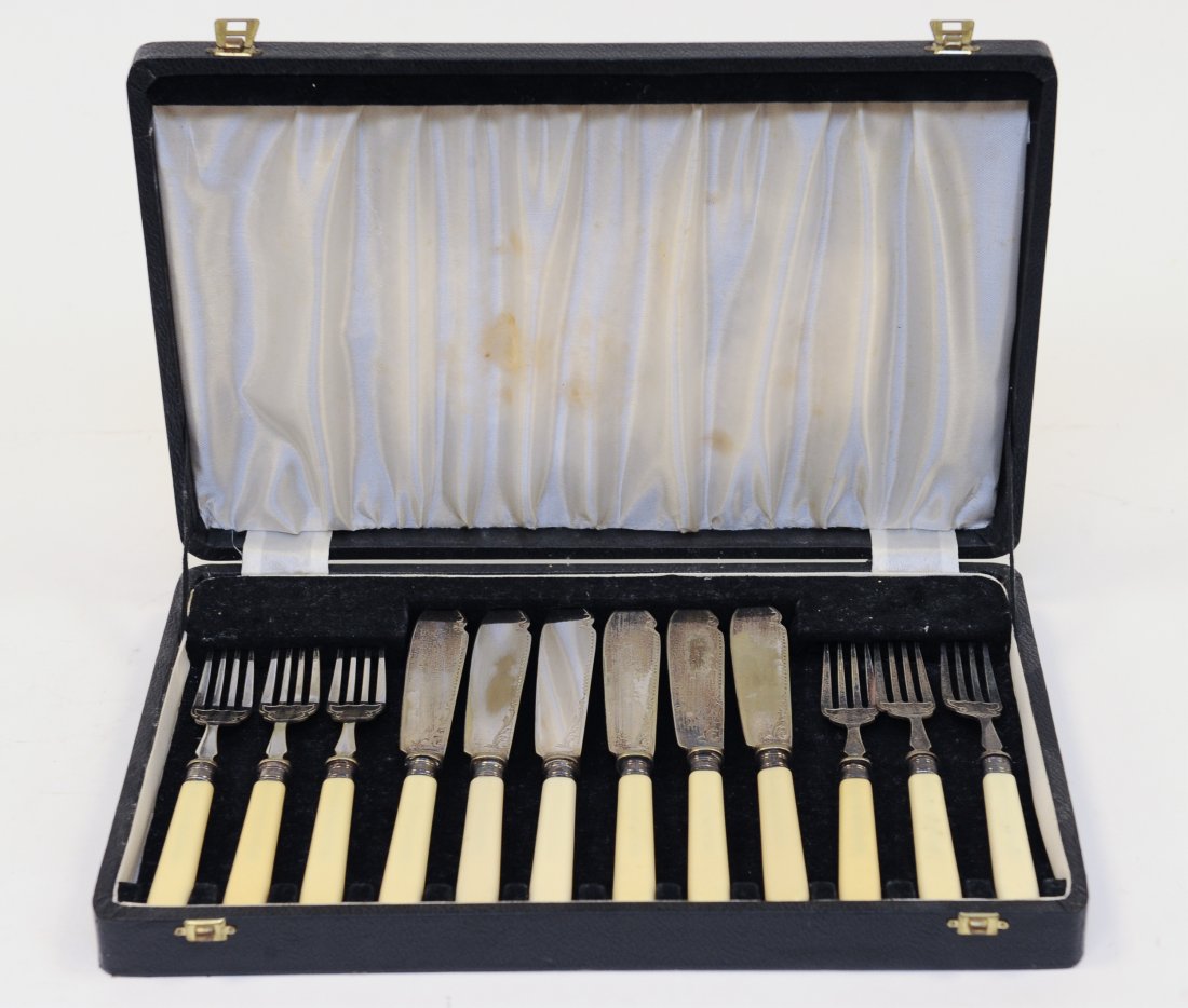 Fish Eating Set in a Case: Silver Plated Fish Tableware Set of Six Forks and Knives in a Case. The silver plated fish tableware have cellulose handles that give it a bone effect. The silver has a scroll pattern. It has the EPNS