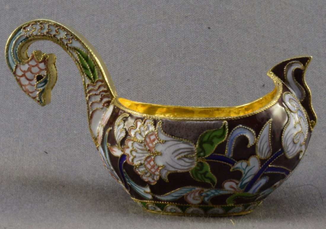 Russian Sterling Silver Kovsh & Spoons: Russian Sterling Silver Kovsh & Spoons, (1908-1926). This Kovsh, or drinking cup, is made of sterling silver, enamel, and gilt. It is beautifully designed with a floral patter, and its long handle is