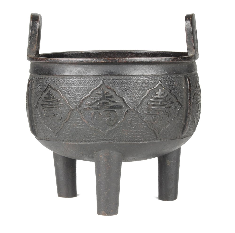 Bronze Incense Burner: Bronze Incense Burner. This incense burner has two upright handles, 3 legs, and various characters on the side of the body. Dimensions are approximately 4 1/2 inches in diameter and 4 7/8 inches high.