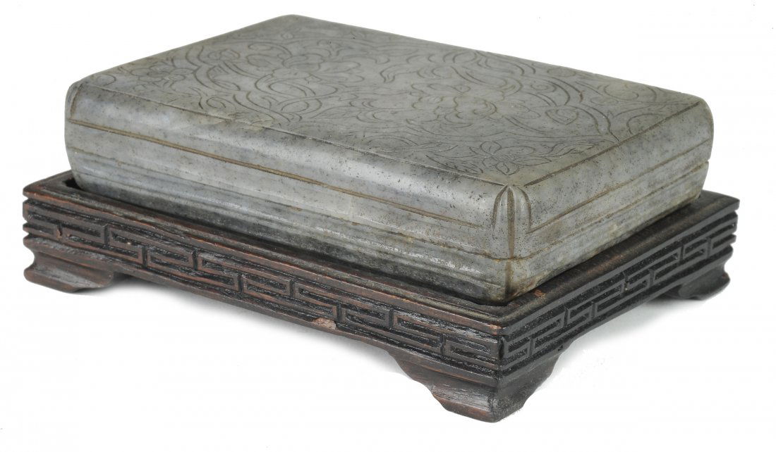 Jade Box with Carved Floral Pattern & Wood Base (1 of 10)