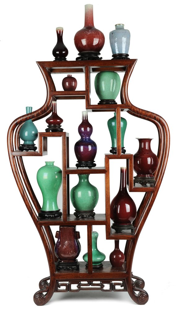 16 Vases on Wooden Vase Stand