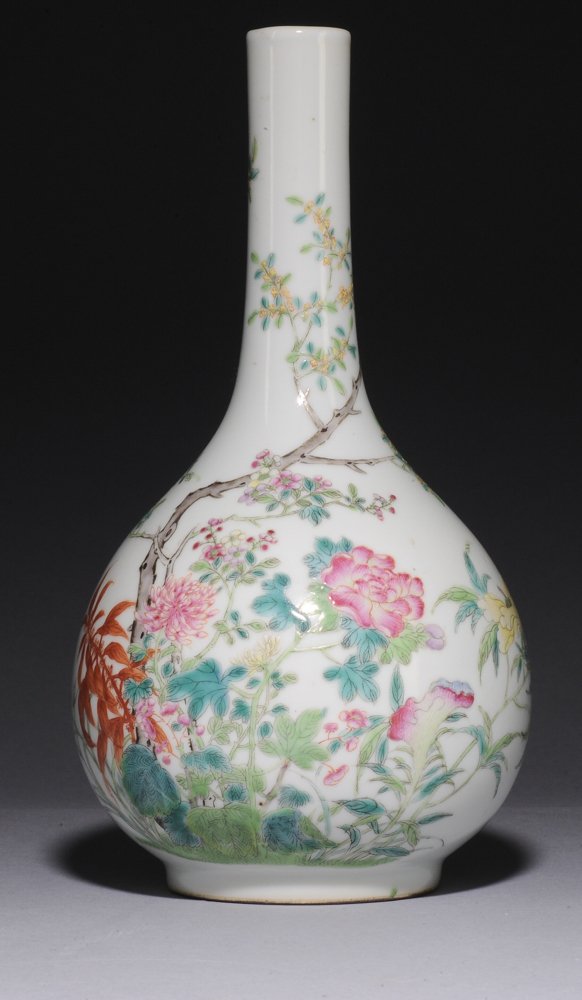 Famille Rose Stick-Neck Vase Painted with Flowers (1 of 8)