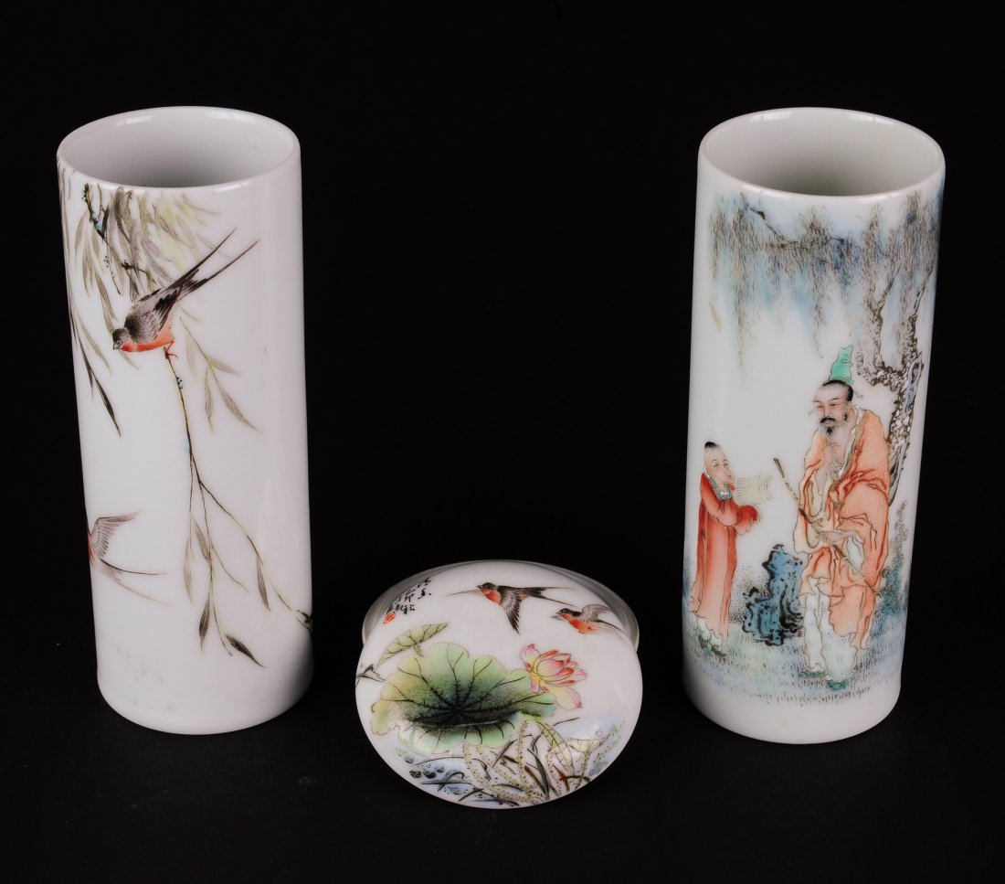 Two Famille Rose Brush Pots & A Seal Box (1 of 8)