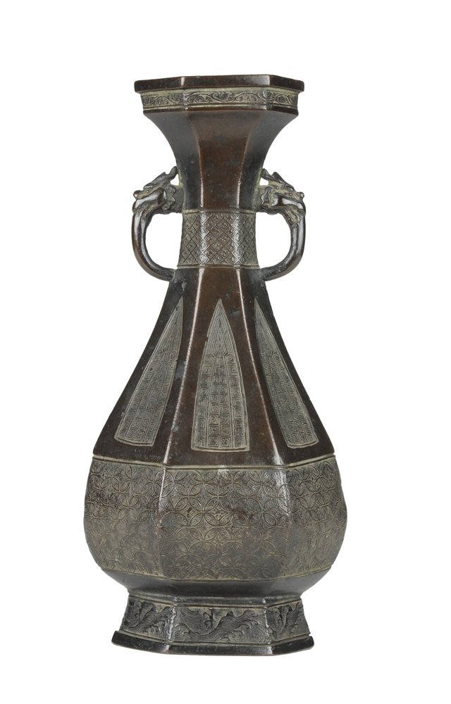 Bronze Hexagonal Vase with Two Handles (1 of 7)