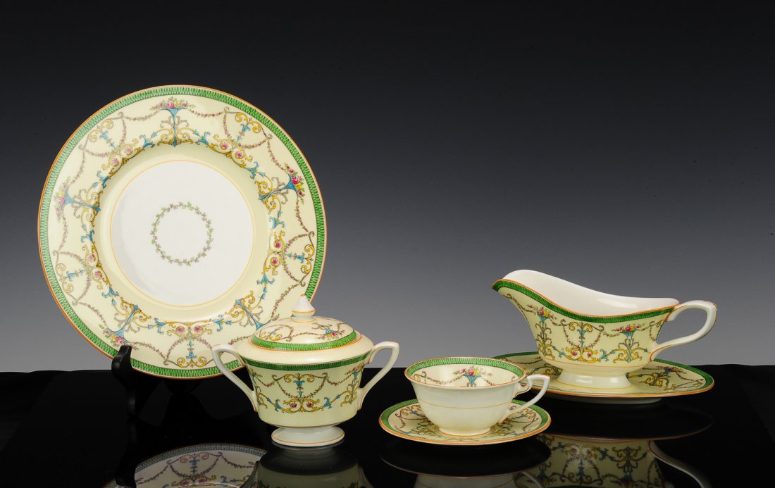 99 Piece Royal Worcester "Bessborough" Service Set: This set is in the pattern Bessborough-green, by Royal Worcester. On the bottoms pieces are marked with, "Royal Worcester", "Made In England", "Bessborough". Set includes: (10) 6" X 2" bullion cups, (