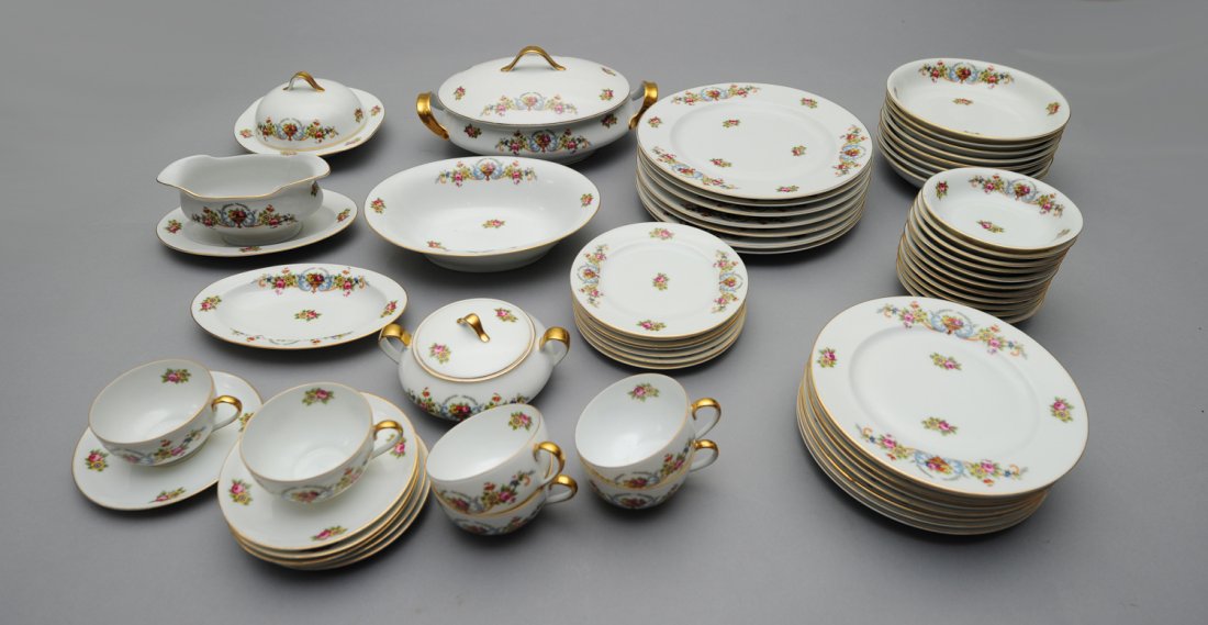 59 Piece EPAIG Porcelain Dinnerware Set: 59 piece EPAIG porcelain dinnerware set. EPAIG refers not to a brand but to an association of porcelain manufacturers in Czechoslovakia in the early 1900's. The bottoms are marked, in green, with vari