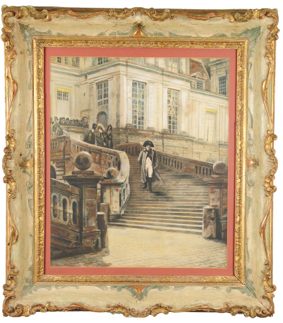 "Napoleon leaving Fontainebleau" Georges Cain: This aquatint depicts Napoleon descending the staircase of Fontainebleau after his abdication. Artist's signature, Georges Cain, is in the lower right hand corner. The title is hidden by the matting. 
