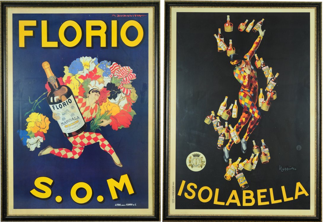 Pair of Framed French Wine Advertisement Posters: Pair of offset lithographs of French wine advertisements. One is for "Isolabella", with the company's name in bold below a harlequin juggling the brand's liqueur bottles. This famous poster was create