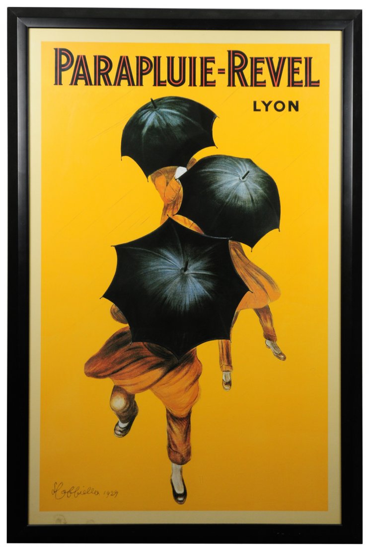 Parapluie-Revel Leonetto Cappiello Poster: This vintage offset lithograph was originally created for the luxury French parasol company, Revel, circa 1930, by Leonetto Capiello. It is set in a large black wooden frame. Including the frame, the