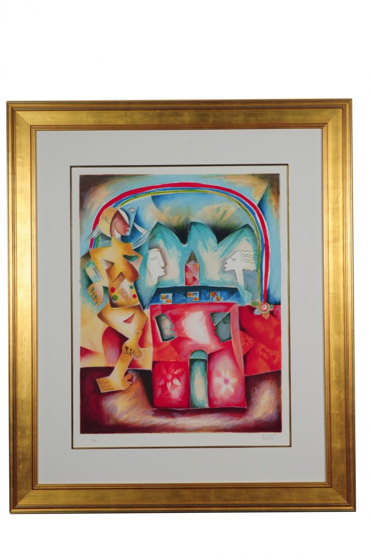 "My Future Rainbow", 1997, Alexandra Nechita: This limited edition lithograph on paper is pencil signed by the artist "Nechita, 97" and numbered "135/199." It is stamped with "Mourlot, M, Paris." The backing of the frame is signed in marker, "No 