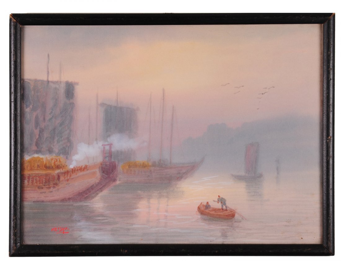 Li Meishu Watercolor of Ships: This watercolor is done in soft hues of pinks, oranges, and grey. Within the landscape are ships upon water on a misty morning. It is signed in red in the lower left corner with Meishu, matching the s