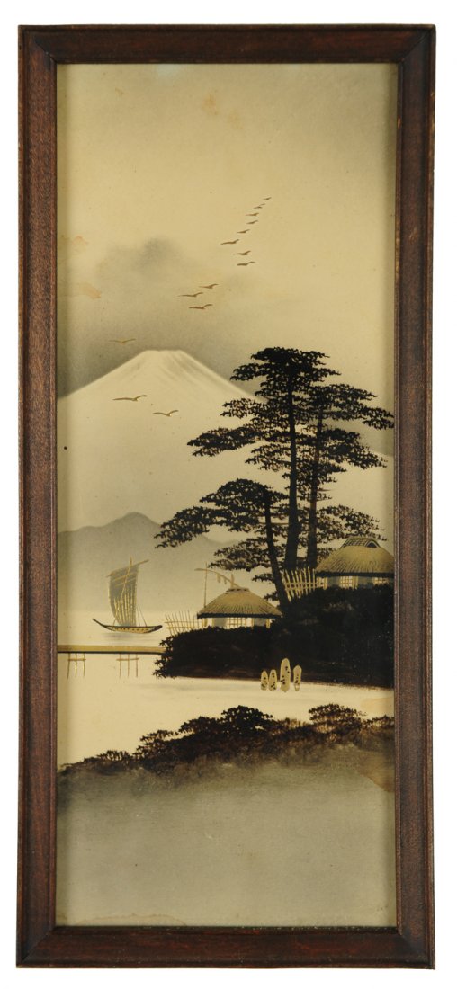 Embossed Japanese Landscape: This embossed Japanese landscape depicts a shore scene in primarily black and golden colors, with the mountain, in the background in lighter colors. It is set in a stained wooden frame. Including the 