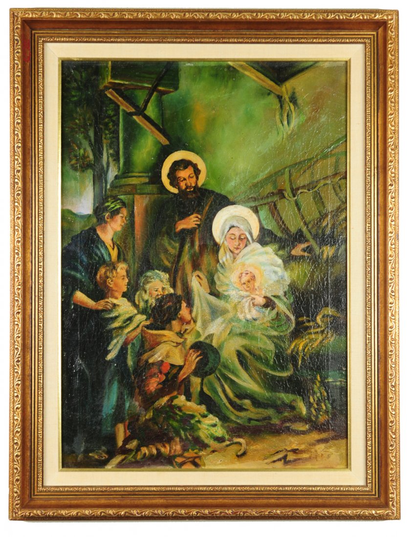 Religious Scene by A. D. Beaulieu: This oil painting is marked on the back with "Composition par A. D. Beaulieu, 1926, Levis P.Q." It is set in a white matte with a golden fillet set in an ornate wooden frame. Including the frame, the 