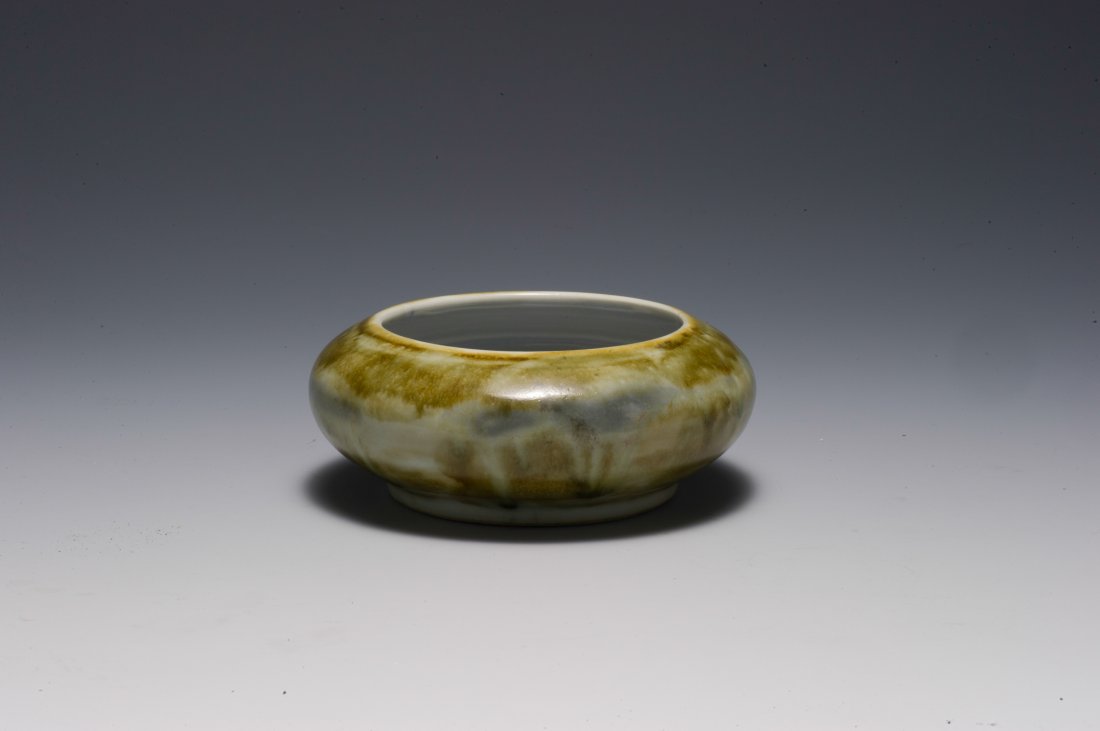 Brush Washer w/ Blue & White Crab Interior, 19th C: Brush washer with blue and white crab interior. The exterior of the piece has an olive green glaze showing much of the natural porcelain color underneath. The interior of the piece has a blue undergla