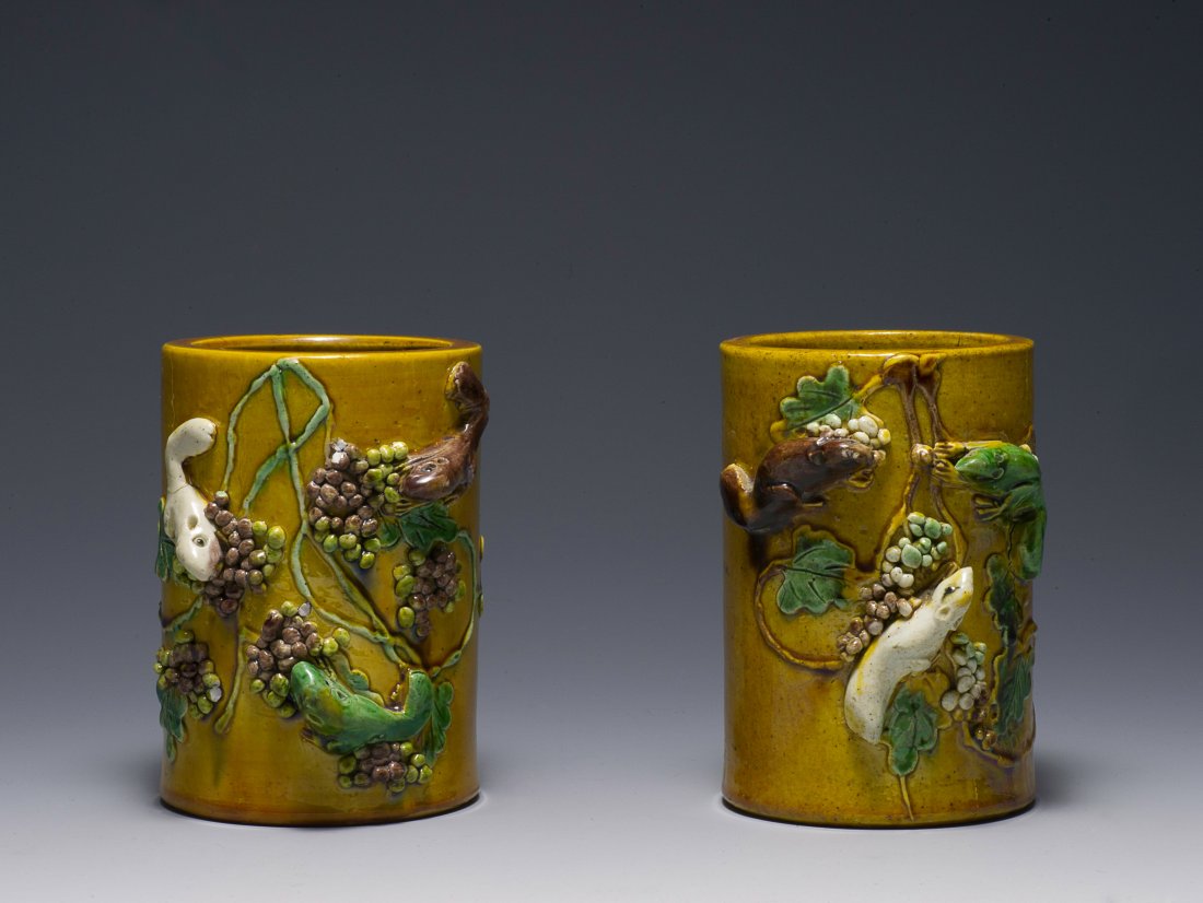 2 Yellow Brush Pots w/ Squirrels & Grapes, 19th C. (1 of 5)