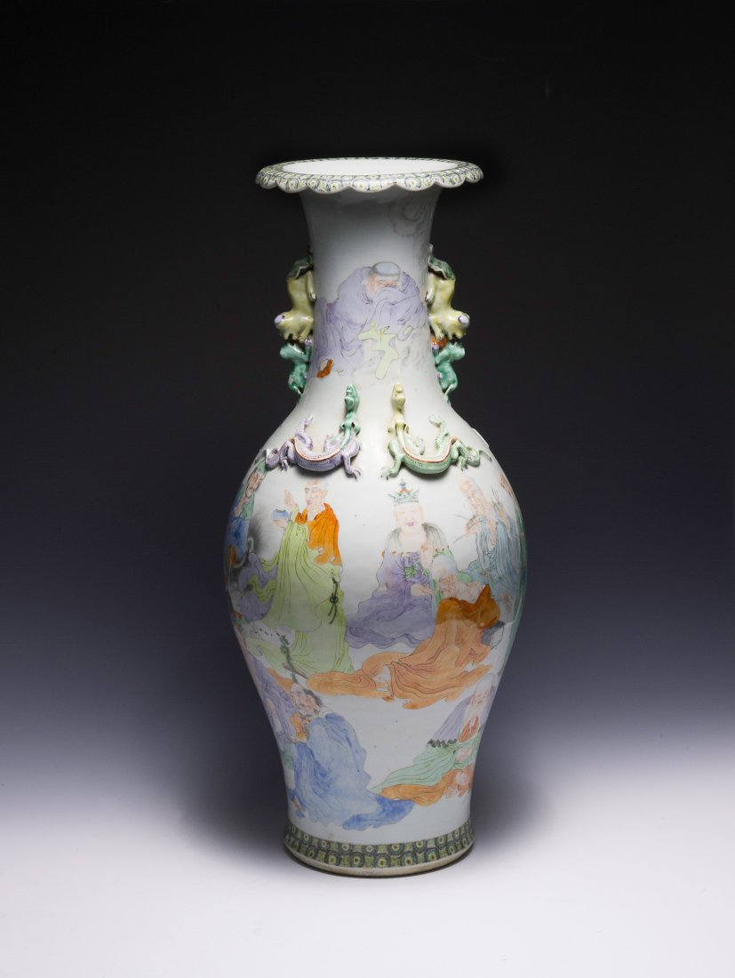Carved Famille Rose Chilong & Luohan Vase, Qing (1 of 6)