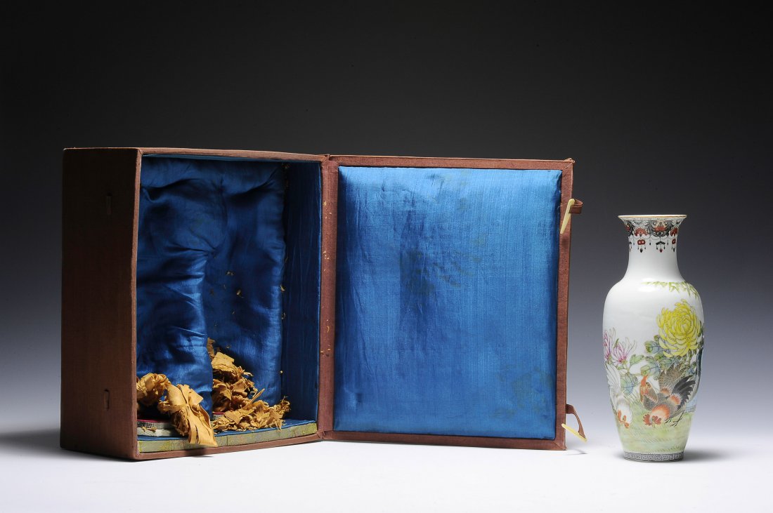 Famille Rose Rooster Vase, Republic Period (1 of 8)