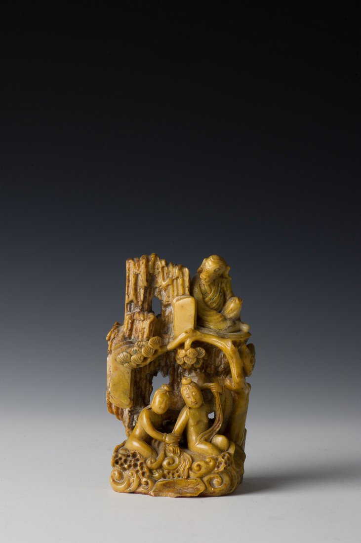 Soapstone Seal Carving, Journey To The West, Qing: Soapstone seal from the Qing Dynasty carved with a scene from the Chinese novel, "Journey to the West". Carved into a mountainous landscape. Two women bathe in the water while above them, Zhu Bajie, l