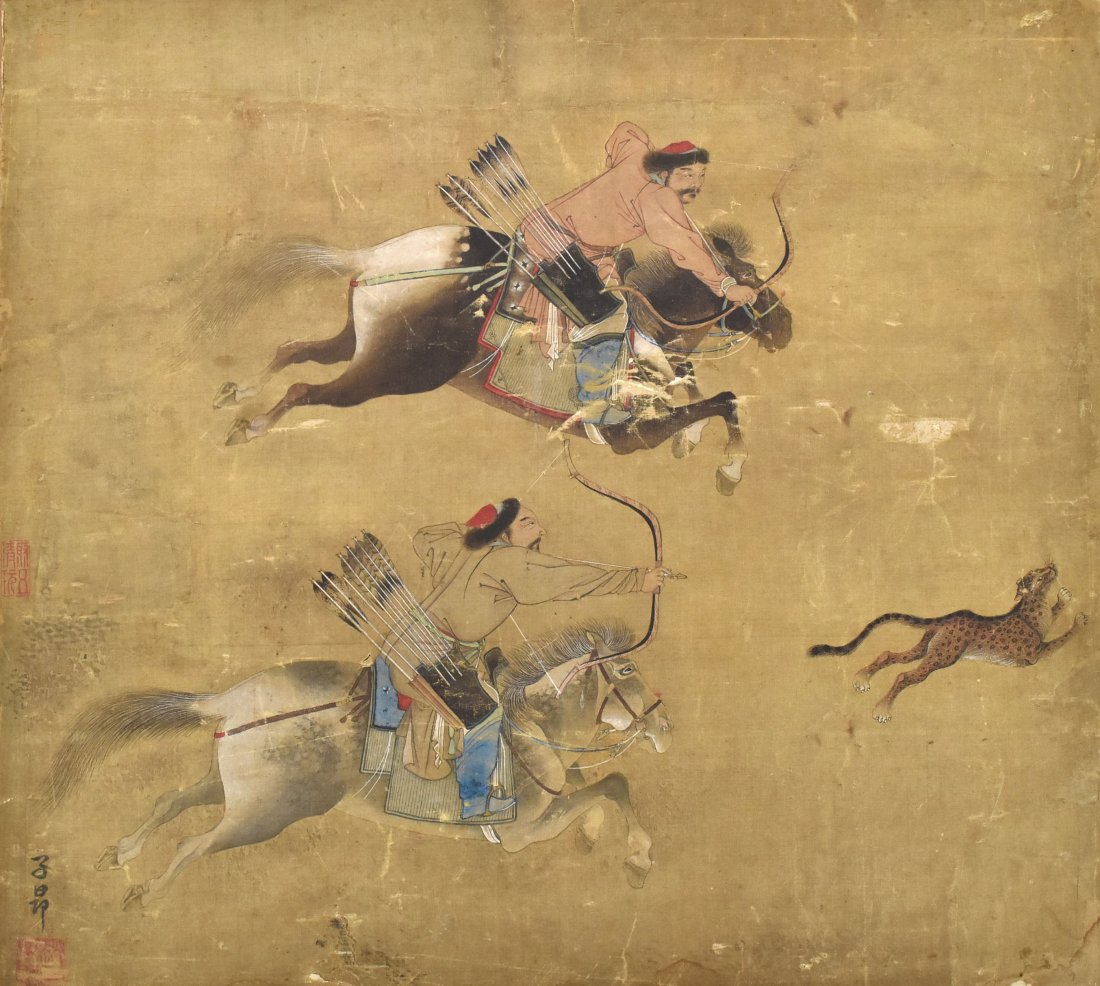 Painting of Hunting Scene, Zhi Ang Mark, Qing: Painting of Mongolian riders hunting on horseback with a Zhi Ang mark from the Qing Dynasty. It has 2 seals and a signature. Dimensions are 16 inches long by 17 1/2 inches wide. All measurements are a