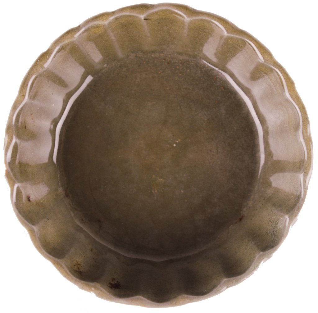Longquan Celadon Brush Washer, Yuan Dynasty: Small Longquan celadon brush washer from the Yuan Dynasty. The sides of the brush washer are scalloped and upright. Dimensions are 4 5/8 inches in diameter by 1 1/2 inches high. All measurements are a