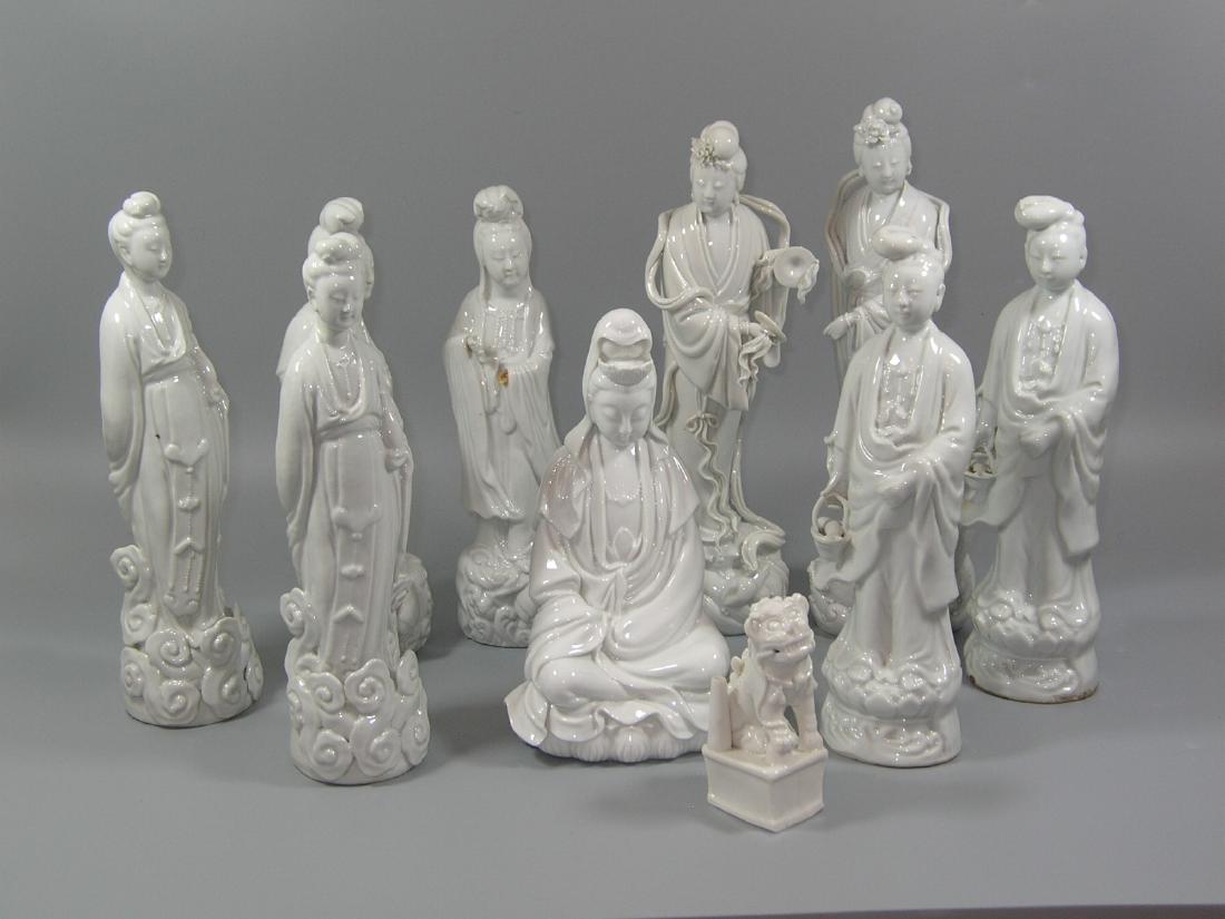 Group of 10 Old Chinese Blanc De Chine Statues: Including Guanyin, maiden and foo dog, early to mid 20th century, some marked, in overall good condtion with minor losses and repairs, 13 3/4 in. high (tallest)