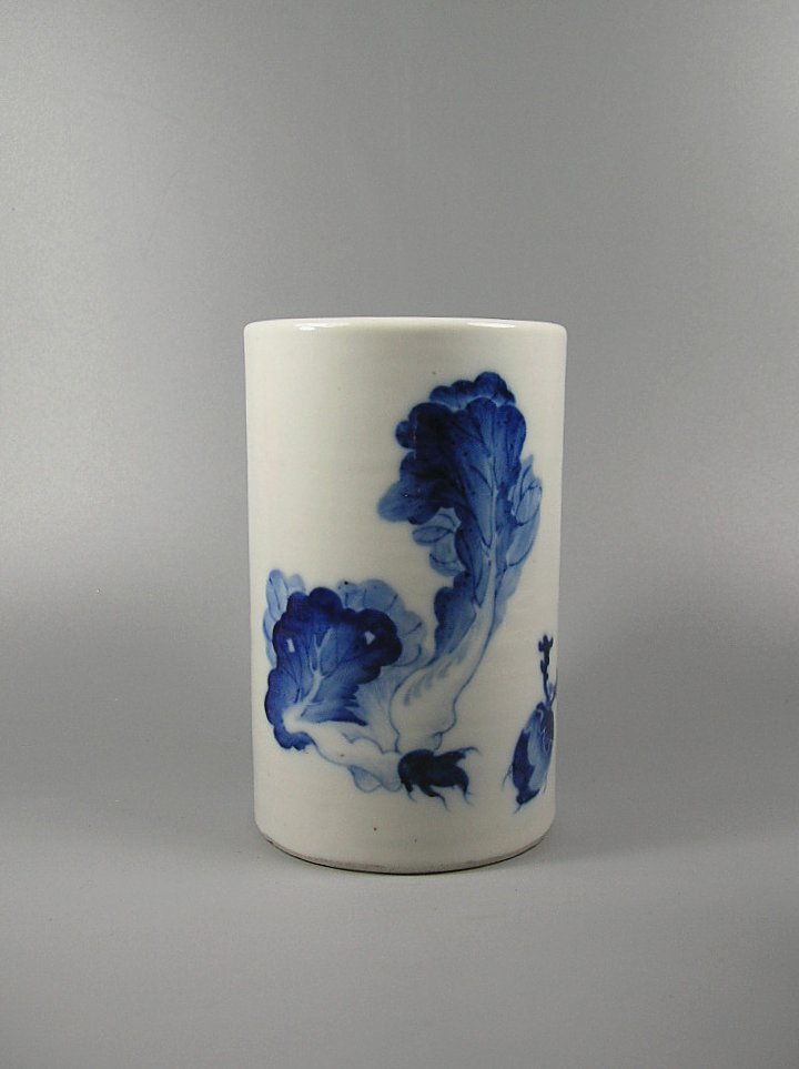 Small Chinese Blue and White Porcelain Brush Pot Signed (1 of 10)