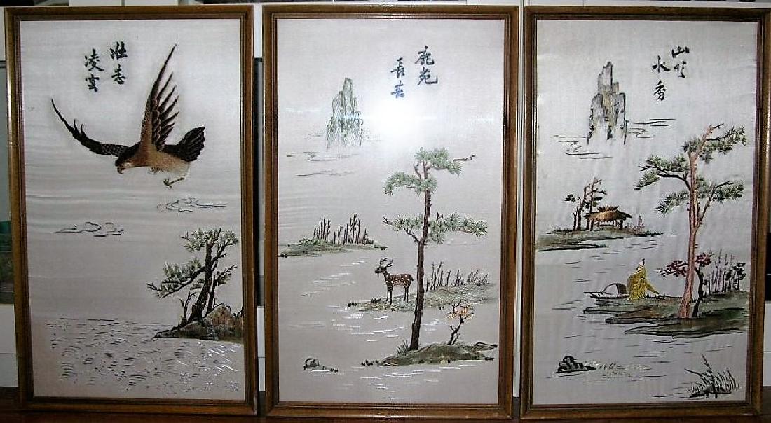 Three Old Chinese Silk Embroidery Panels Framed (1 of 7)