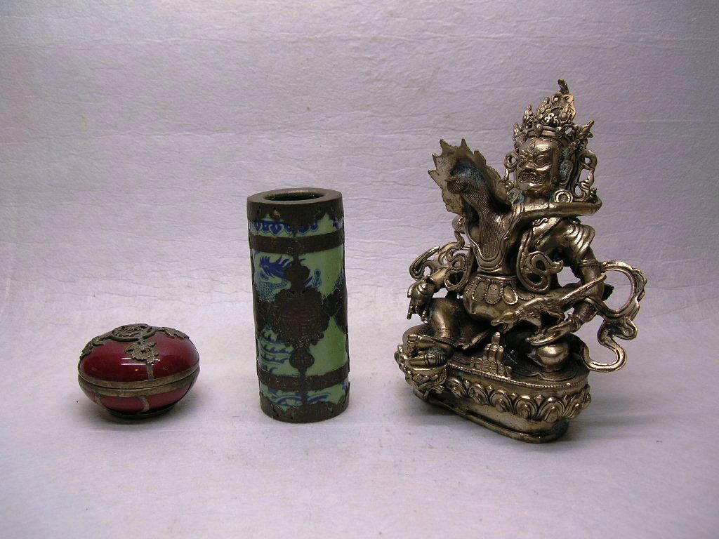 Three Chinese Decorative Objects #la012rg: Including a Tibetan white bronze Buddhist statue, a celadon glazed brush pot and a red glazed ink case, 7 3/8" high (statue), 5" high (brush pot)