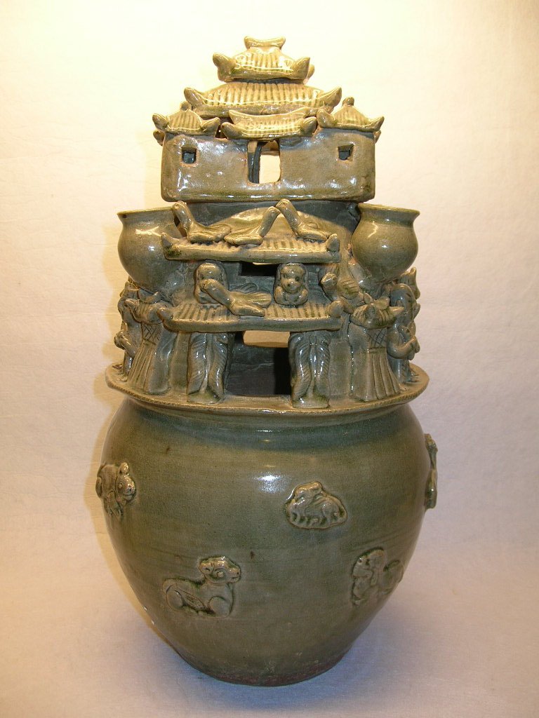 Large Yue Ware Funerary Vase Western Jin #la046rg: The heavily potted body intricately decorated with molded house, figure and bird and ram patterns, overall covered with light celadon glaze, Yue Ware, Western-Jin Dynasty, good condition, 17 5/8" high