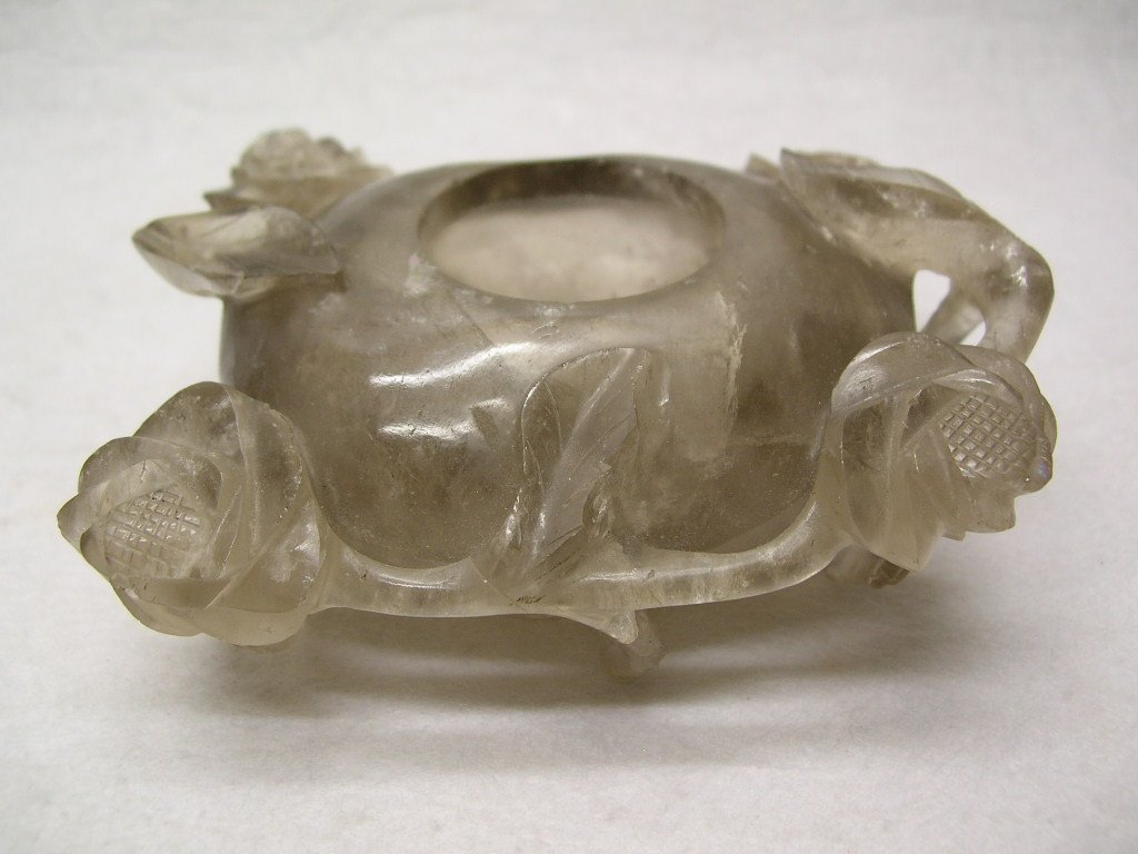 Chinese Smoking-Crystal Carved Washer Qing Dy. #la059ns: Carved small crystal washer with floral decoration, 19th century, Qing Dynasty, a few nicks to the edges, good condition, 4" wide