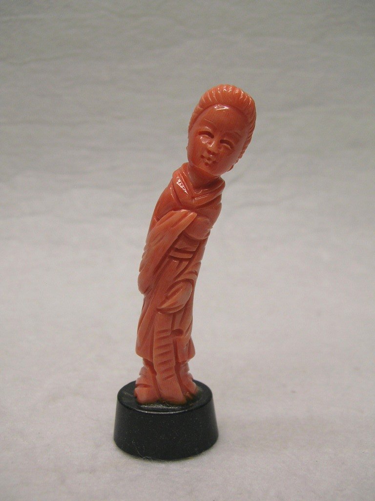 Small Chinese Coral Figure of Female #la062ns: Carved pink coral standing figure of Wang Zhaojun, a historical female in Han Dynasty, 2 3/4" incl. stand