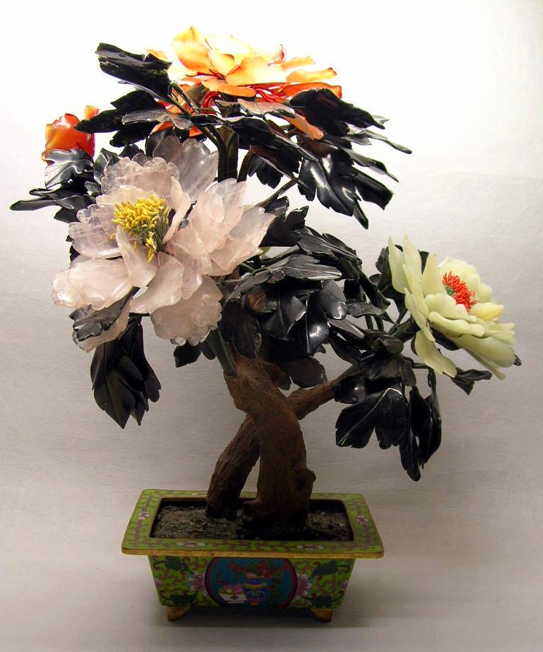 Chinese Decorative Jade Tree / Flower #la084ps: Vividly decorated Chinese jade tree on a cloisonne pot, carved from spinach jade, agate, serpentine and rose quartz, mid 20th century, good condition, 18 1/4" high