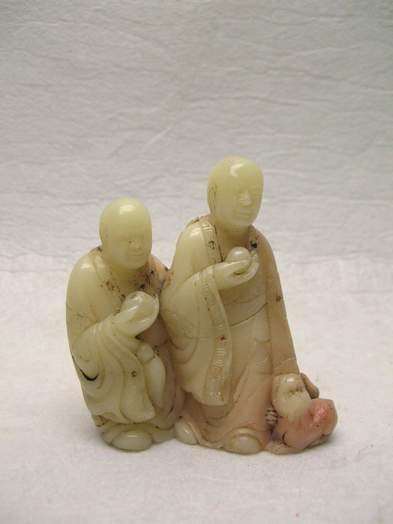 Chinese Carved Soapstone Luohans #la263ps: A Chinese finely carved Shoushan soapstone group of two Luohans, good condition with some minor losses and stone fissures, 2 7/8" high