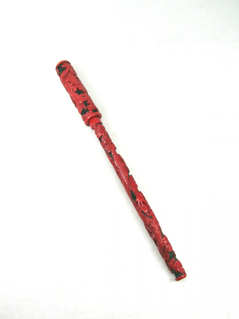Unusual Chinese Carved Cinnabar Brush Pen (1 of 10)