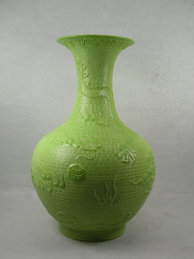 Unusual Chinese Carved Apple-Green Glaze Vase with Mark (1 of 10)