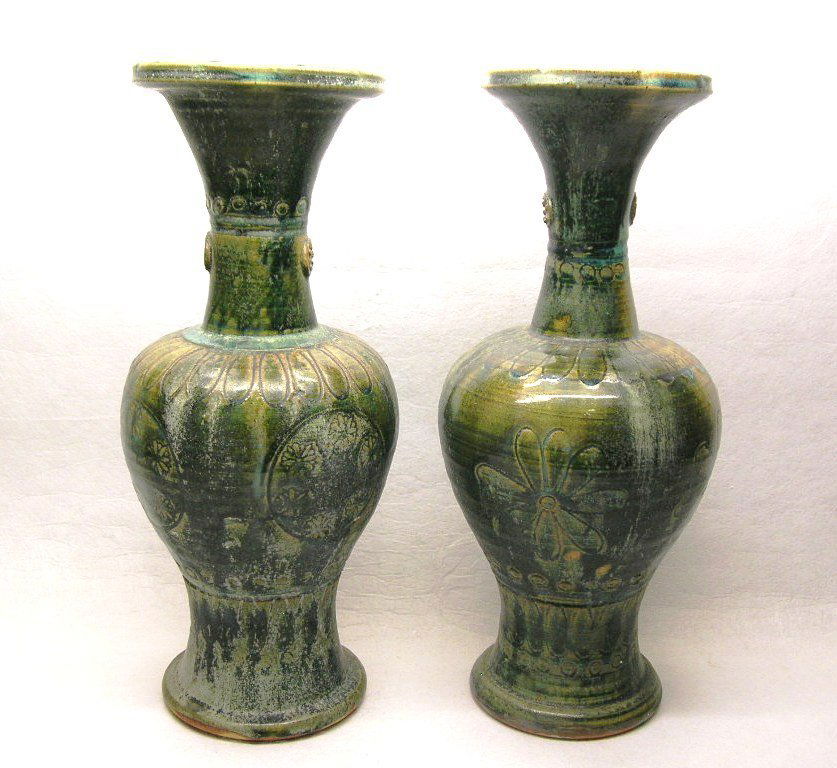 Unusual Pair of Chinese Sancai Glaze Tall Vases Liao Dy (1 of 10)