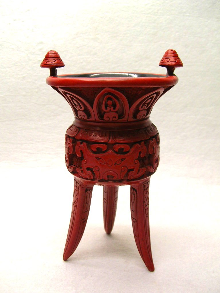 Unusual Chinese Archaic-Style Cinnabar Carved Jue Cup (1 of 10)
